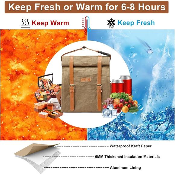 Insulated Lunch Bag, Leakproof Lunch Box for Women Men, Reusable Washable Brown - Picture 4 of 7